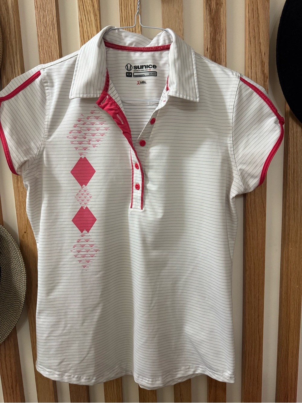 Sunice White Polo Shirt with Pink Accents and Diamond Print